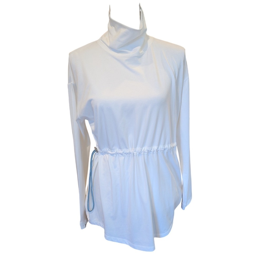 Coolibar Cinched Waist Top White UPF 50+ Funnel Neck Thumbhole Sz Small